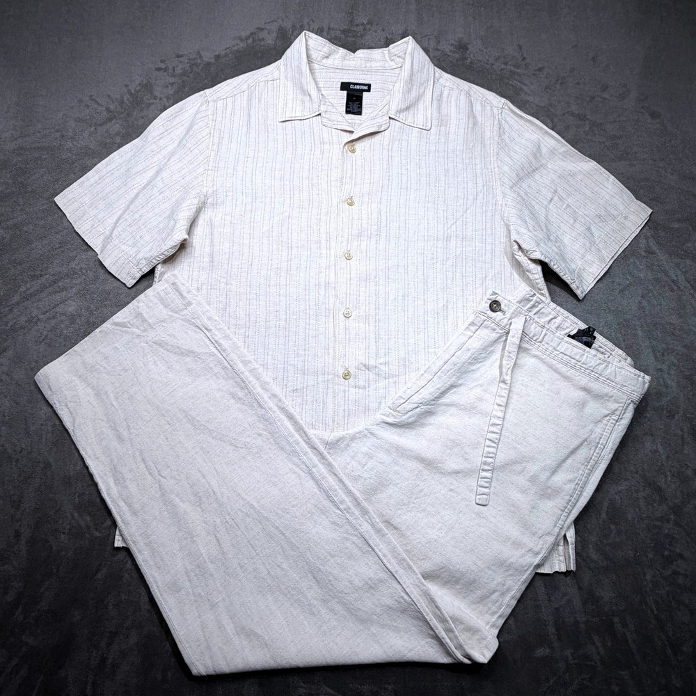 Vtg Claiborne Shirt Pants 2 Pc Set Mens Sz M Beige Cream Linen Cotton Blend 90s